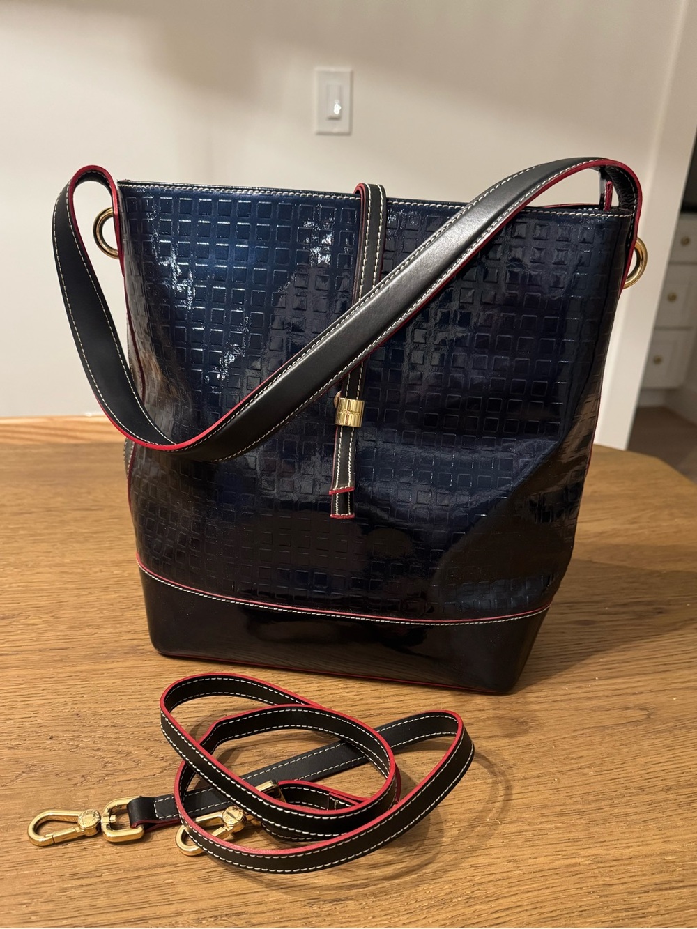 Arcadia Patent Leather Shoulder Bucket Bag With Crossbody Strap